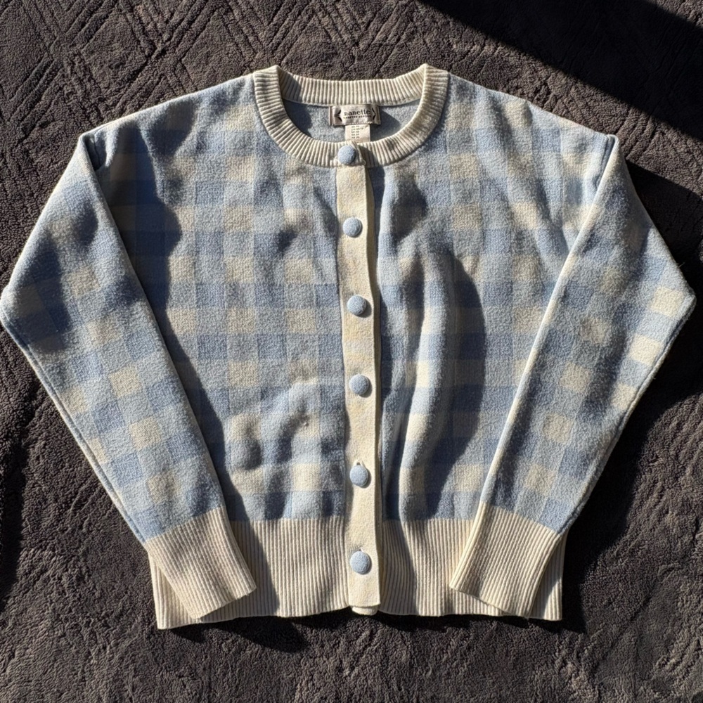 Nanette Lepore Blue White Gingham Button Front Cardigan Sweater Women’s XS